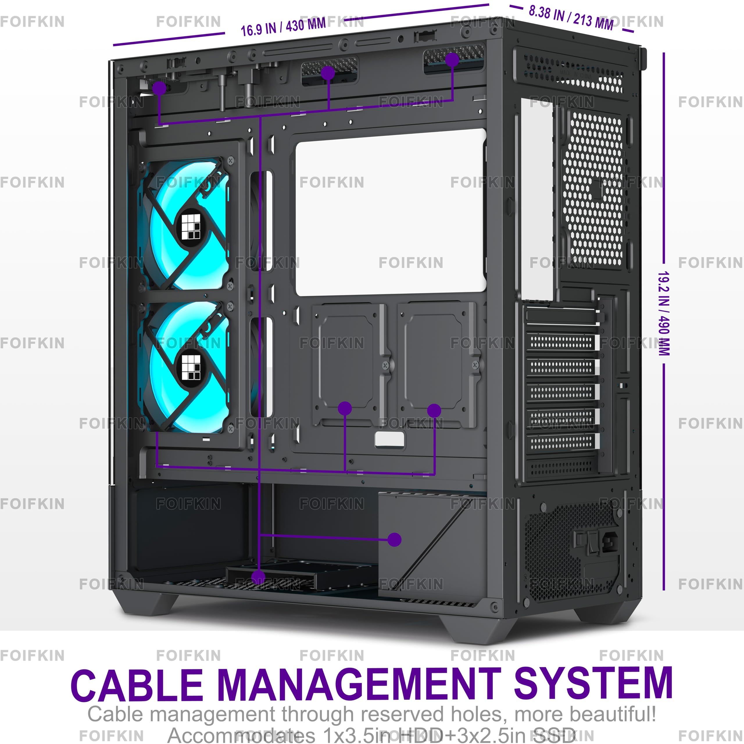 FOIFKIN F1 Case PC – Ventola preinstallata 5 PWM ARGB ATX Mid-Tower Gaming PC, vetro panoramico 270°, con Type-C (nero)