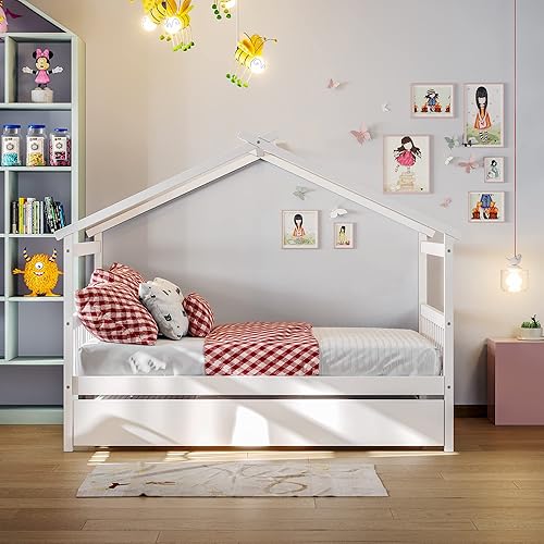 Miniatura 129 de Merax Cama de madera de tamaño individual con dos cajones, marco de cama de madera con techo para niños, adolescentes, niños o niñas, gris