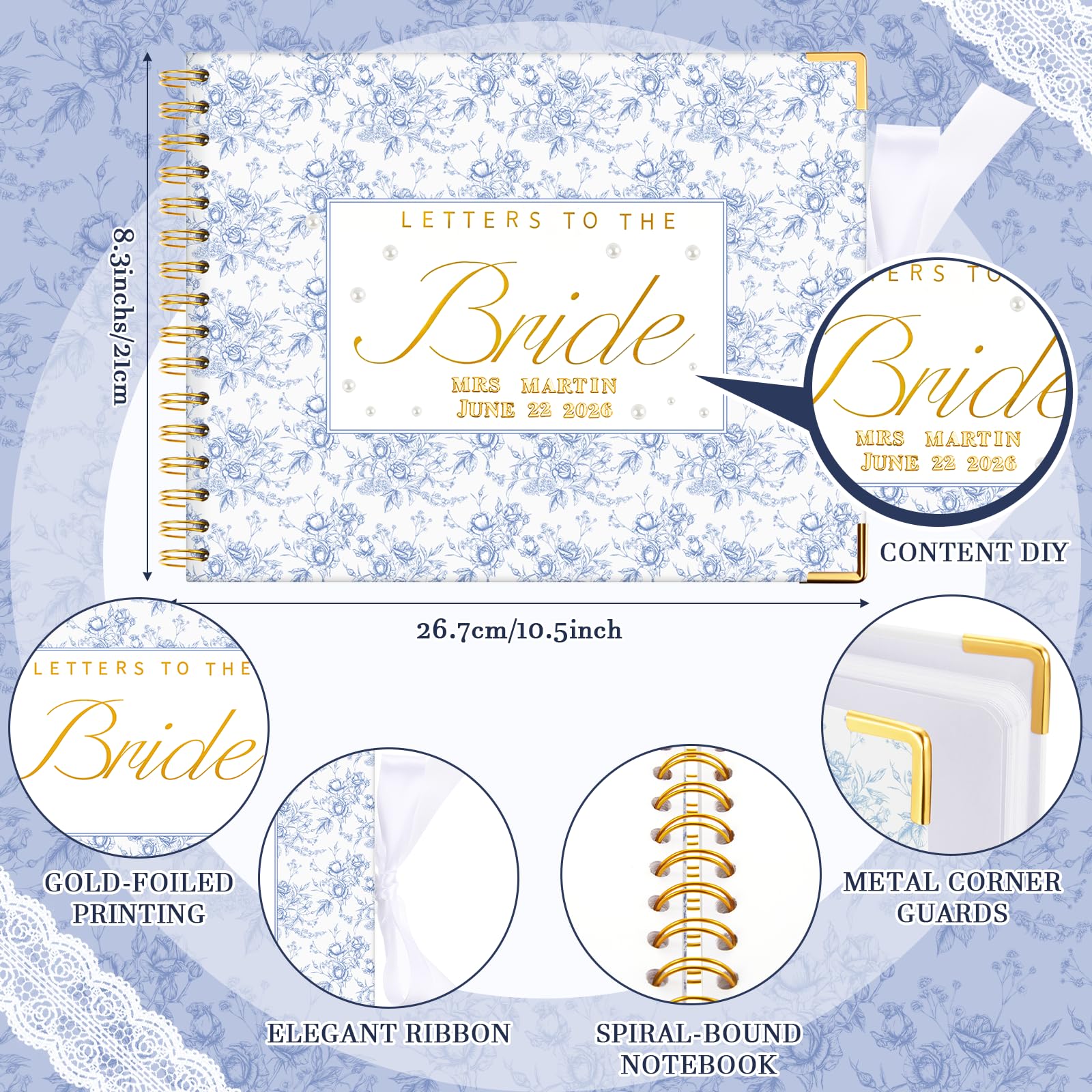 Humyoun Libro de invitados de boda con letras a la novia, álbum de recuerdos de boda, álbum de recortes, álbum de fotos, letrero de invitados con calcomanías de perlas (10.5 x 8.25 pulgadas, floral