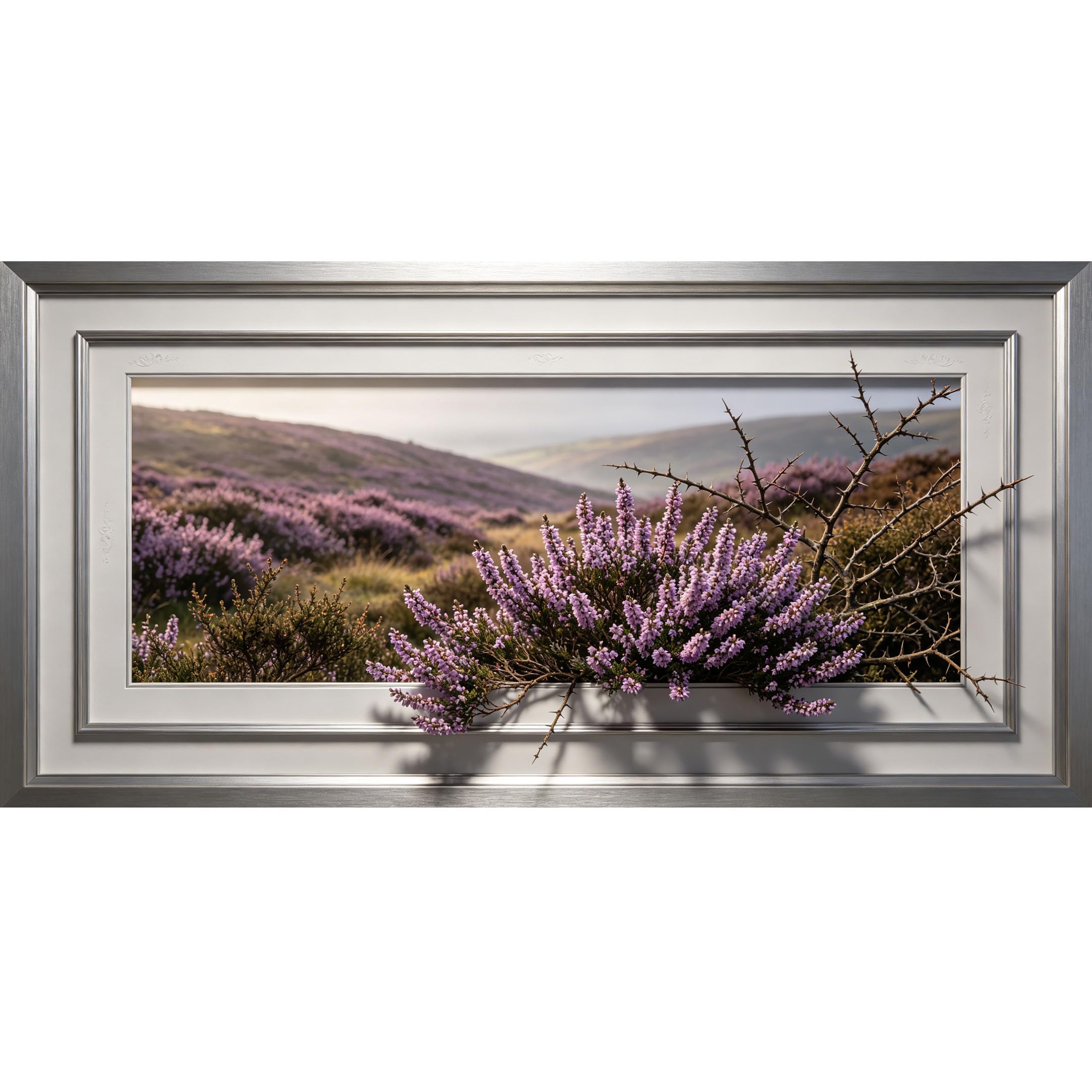 Agglomerix 3D Framed Wall Art Purple Heather Mountain Landscape Botanical Realistic Effect Large Size SelfAdhesive Removable Wall Decor Prints Artwork for Living Room Bedroom Office
