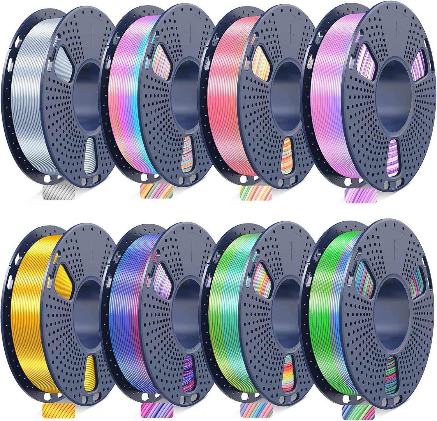 JAYO 3D Printer Filament Bundle, PLA Silk Filament Bundle Multicolor, Shiny Silk PLA Filament 1.75mm, Fast Color Change Rainbow Filament, Individually Vacuum Packed, 250g Spool, 8 Rolls, 2kg in Total
