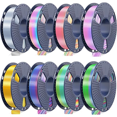 JAYO 3D Printer Filament Bundle, PLA Silk Filament Bundle Multicolor, Shiny Silk PLA Filament 1.75mm, Fast Color Change Rainbow Filament, Individually Vacuum Packed, 250g Spool, 8 Rolls, 2kg in Total