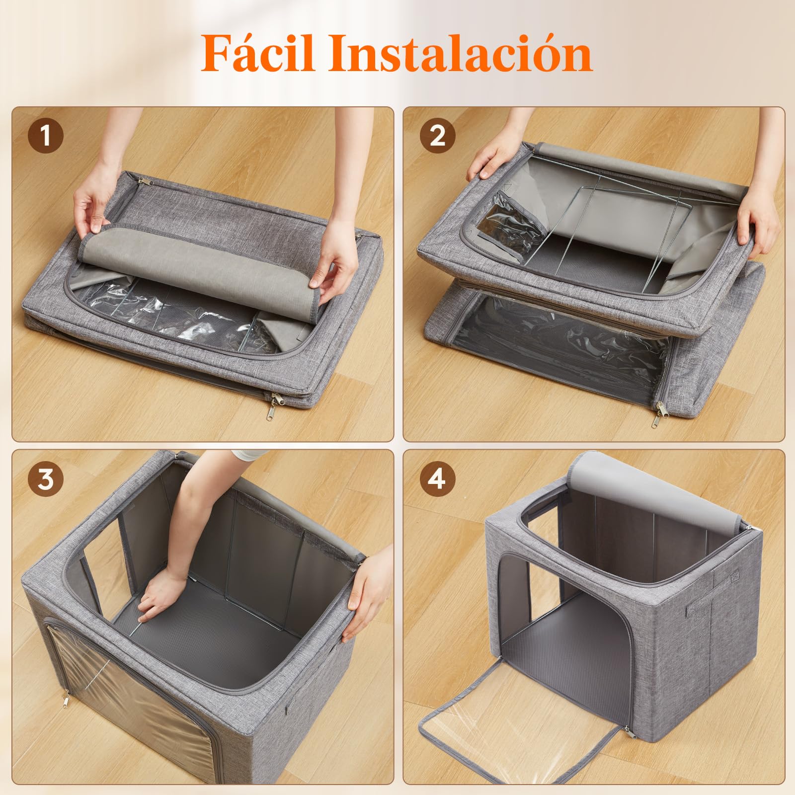 Lifewit Cajas Almacenaje Ropa con Marco de Metal, Organizador Armario Apilable, Bolsas Almacenaje Ropa, Bolsas Para Guardar Ropa, Edredones, Colchas, Gris Claro, 75 L, 4 Piezas
