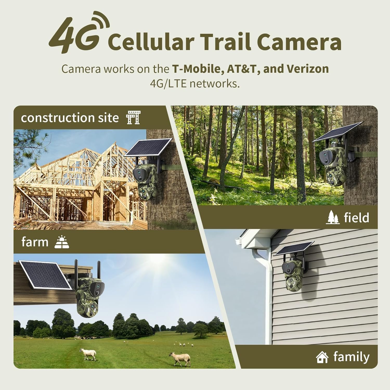 SEHMUA 4G cellular trail camera mounted in various outdoor environments like a construction site, forest, farm, and home