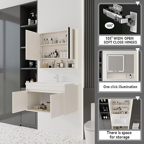 Miniatura 37 de Tocador de baño de 20 pulgadas con lavabo de cerámica, tocador de baño pequeño montado en la pared con puerta de cierre suave, gabinete flotante