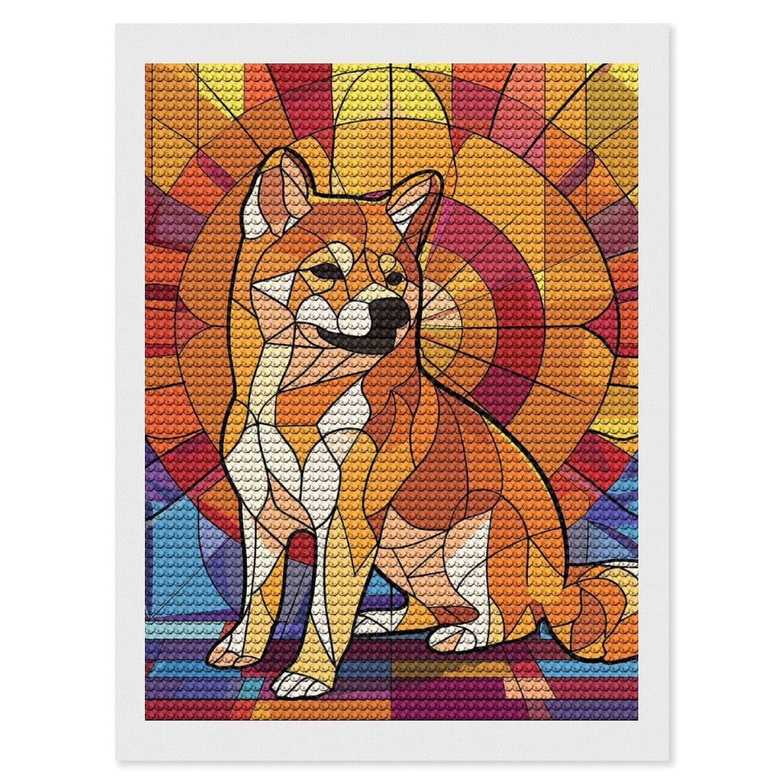 Junmoney Shiba Inu Stained Glass Art Diamond Painting Canvas Set 12"x16", for Craft Lovers, Decorate Your Room, Festive Craft Gift, Vintage Style Decor