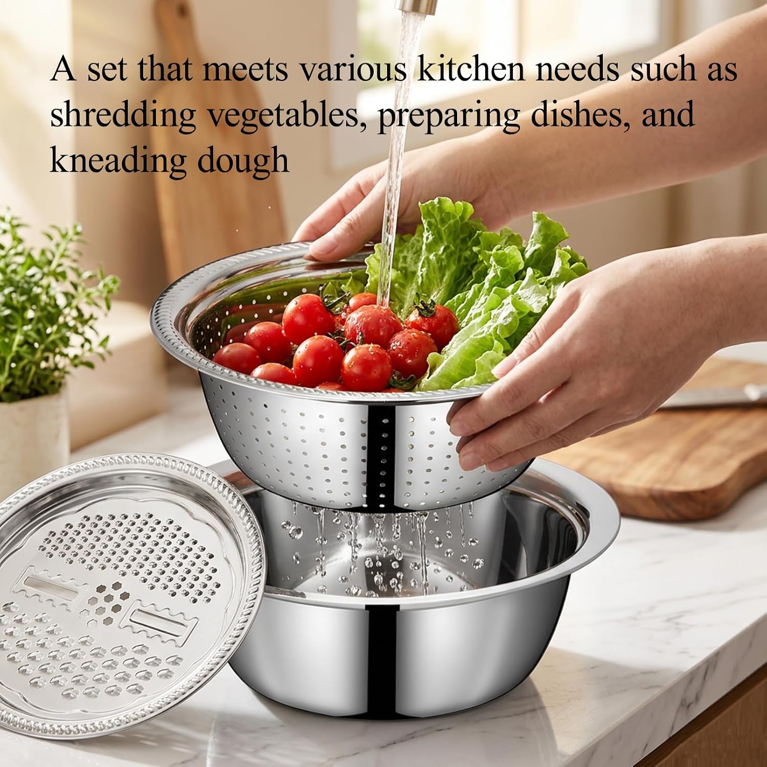 11.02inch 3 in 1 stainless steel basin grater bowl,strainer bowl,salad shredder for Shredding, washing, Filtering and mixing