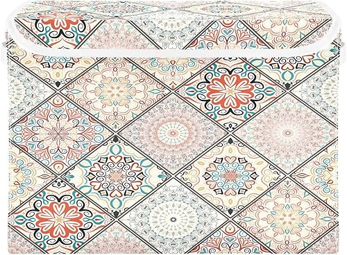 Ollabaky Caja de almacenamiento plegable de tela decorativa con mandala mexicana, estilo bohemio, con asas de tapa para organización de armario,
