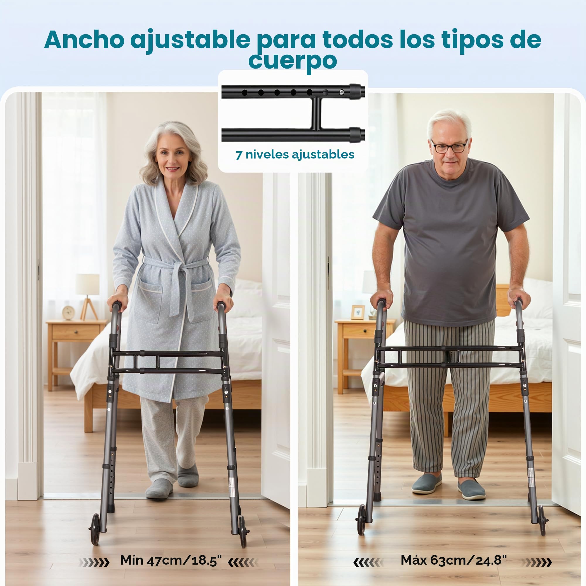 Careboda Marco plegable con diseño de barra doble, plegable y portátil con ruedas fijas de 12,7 cm, altura ajustable y función de disparador, para personas mayores y adultos