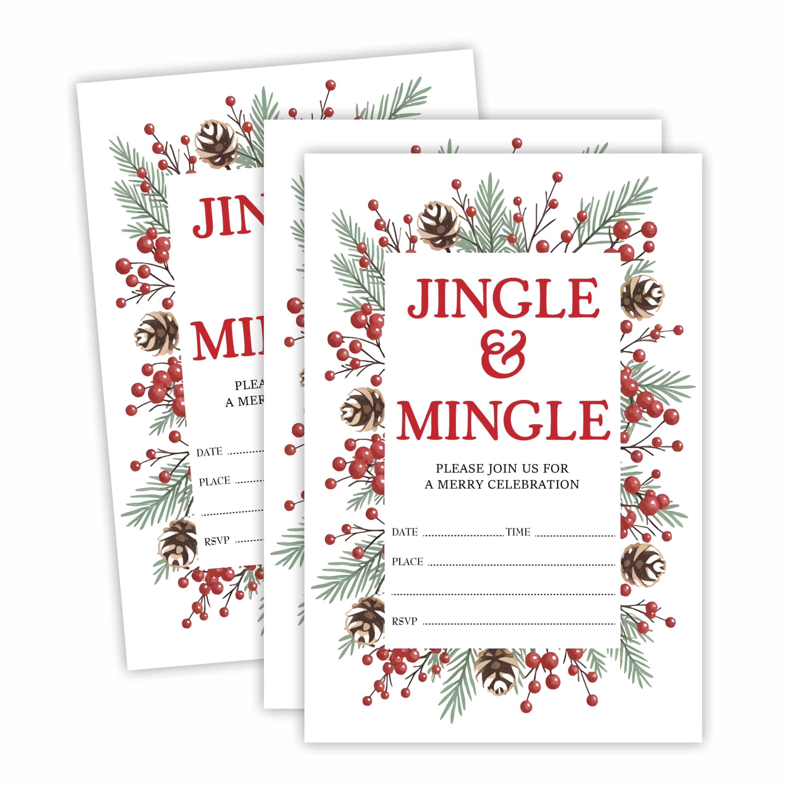 luixd Merry Christmas Party Invitation Cards With Envelopes - Jingle & Mingle Xmas Greenery Double-Sided Fill In Style Invitation Cards, Party Favor &