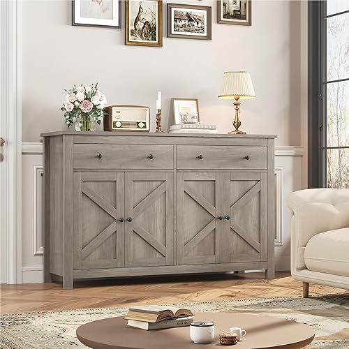 Miniatura 2 de FOTOSOK Aparador buffet con almacenamiento, armario de cocina grande de 55.1 pulgadas con 2 cajones y 4 puertas, gabinete de barra de café de