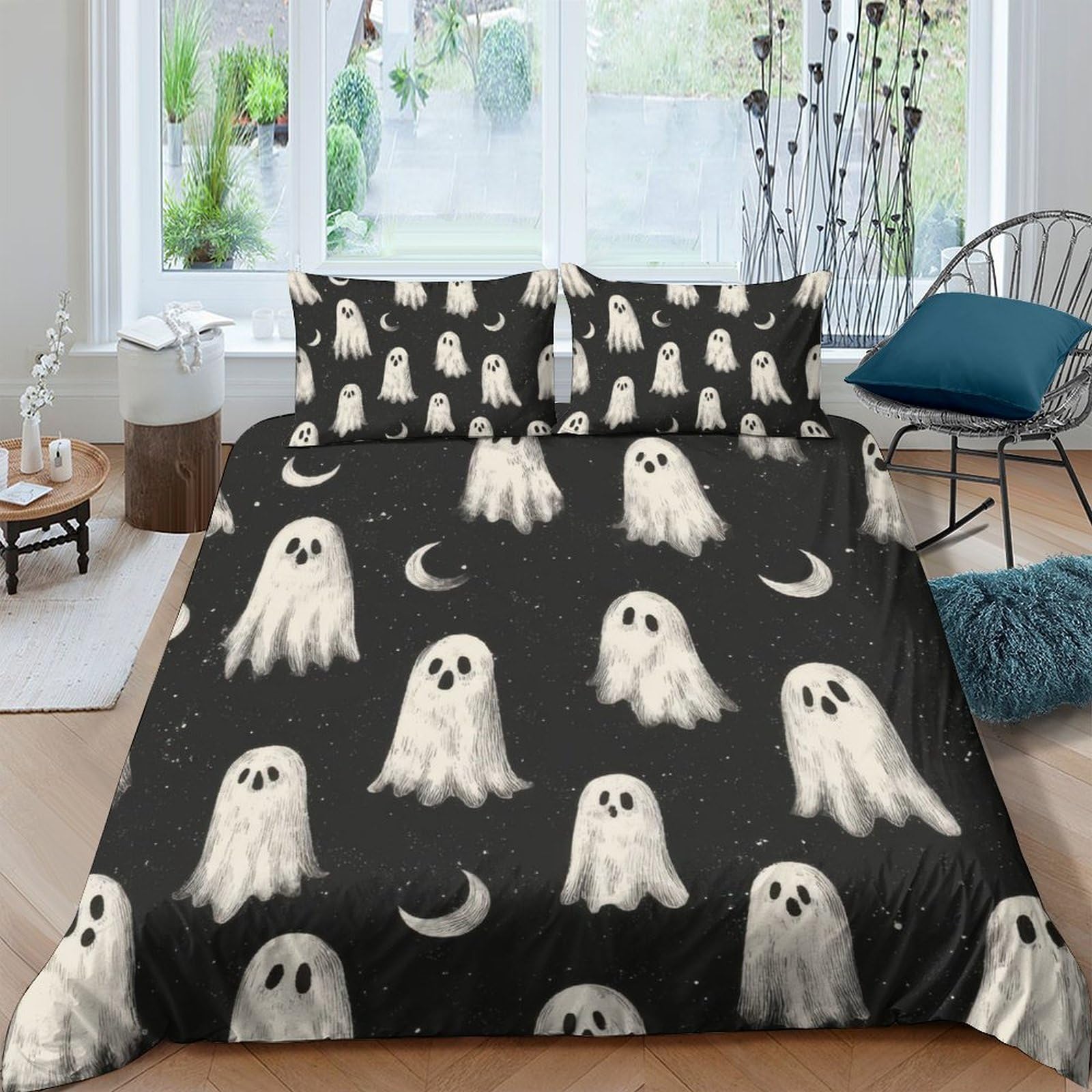 GPLZQXKJNH 3D Printed Ghost Moon Duvet Cover Set Microfiber Soft Breathable Black Bedding Set with 2 Pillowcases for Bedroom Decor Single（135x200cm）