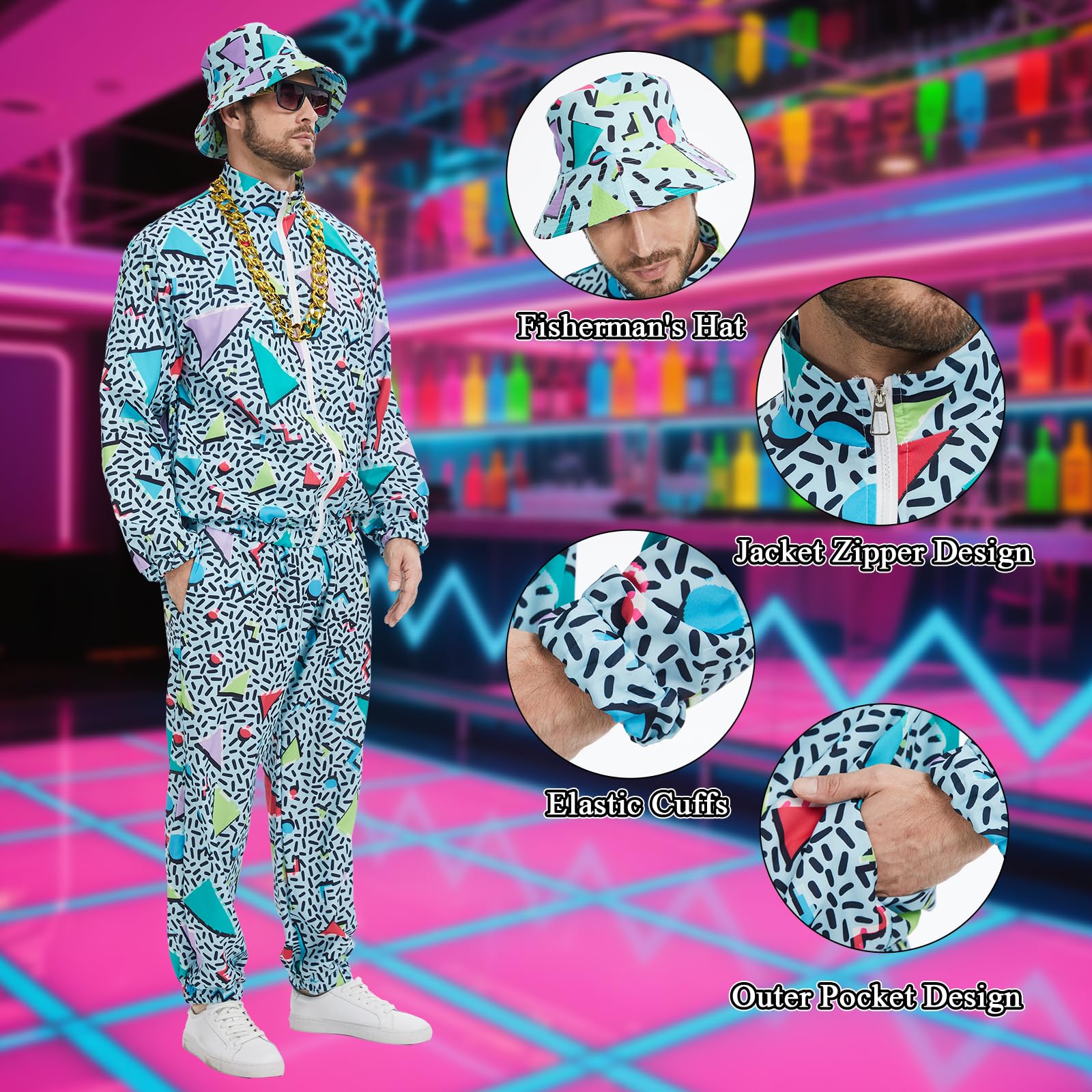Męski dres treningowy w stylu retro w stylu lat 90., hip hop, fantazyjny dres do joggingu, strój sportowy, kurtki, spodnie i czapka, pasuje na Halloween, karnawał