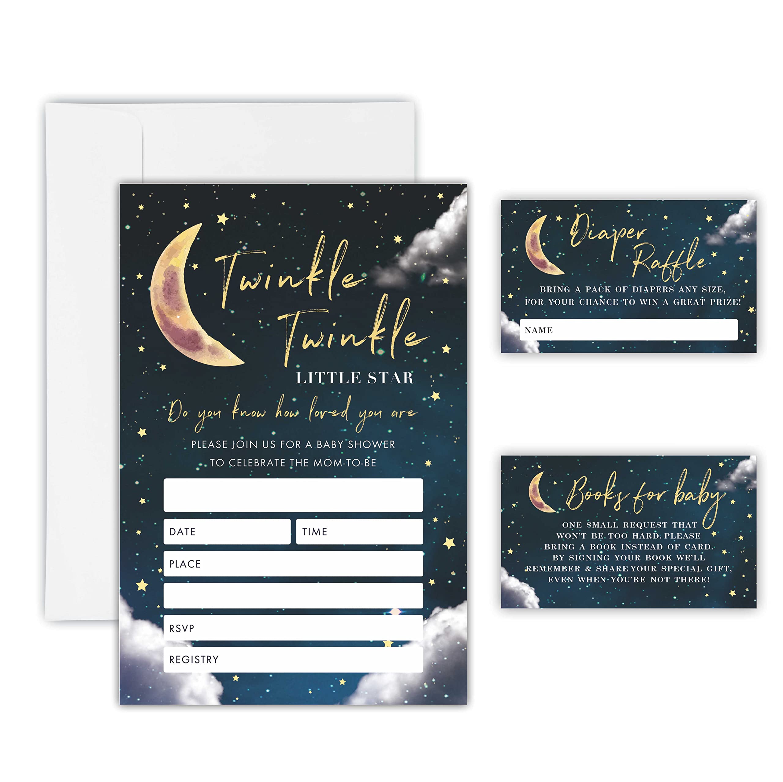 NYCTUG Twinkle Little Star Baby Shower Game Kit, Set Of 25 Invitations With Envelopes, Diaper Raffle Tickets And Book Request Cards, Party Favor