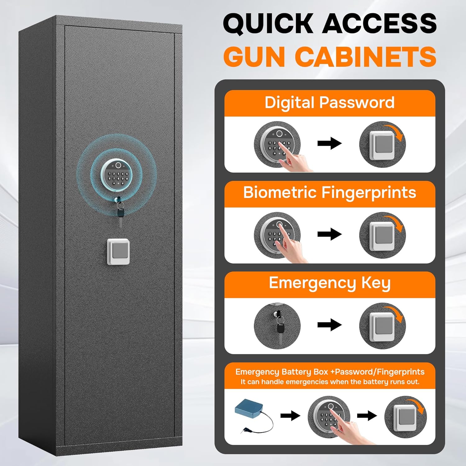 [No Assembly Required] 8-12 Gun Safe for Rifles and Pistols, Biometric Fingerprint & Keypad Lock, Rifle Safe, Alarm System, Large Capacity, Adjustable Storage Shelf, 57" High