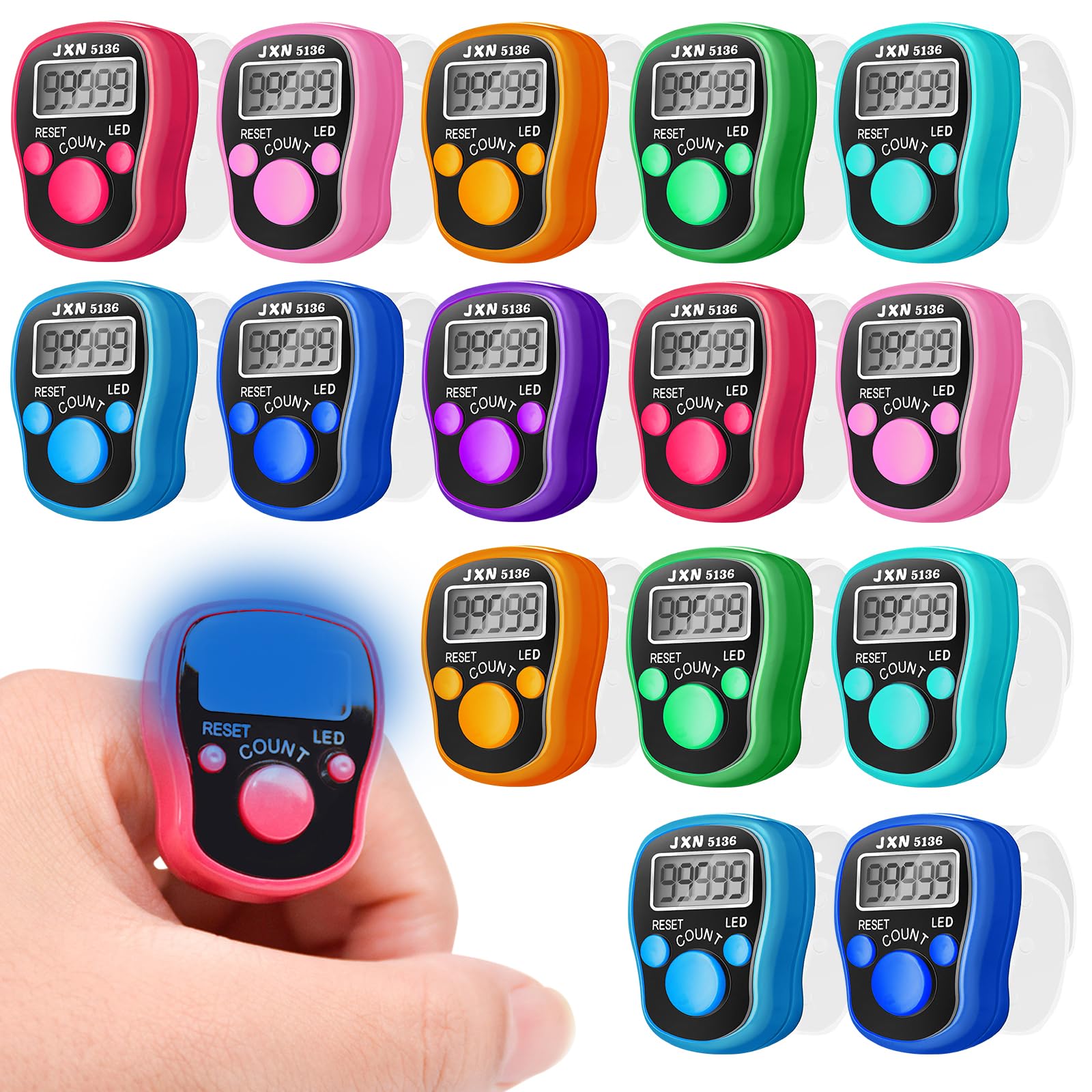 15 contatori per dita elettronici: contatore a LED con funzione luce notturna, contatore dita per golf, contatore di file, sport, riunioni sportive (colore casuale)