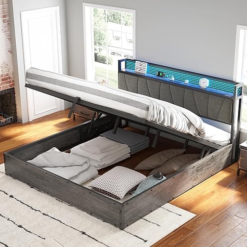 Miniatura 9 de AMERLIFE Marco de cama elevable tamaño King con tapizado de lino, luz LED y cabecera de almacenamiento, base de cama de plataforma con estación de