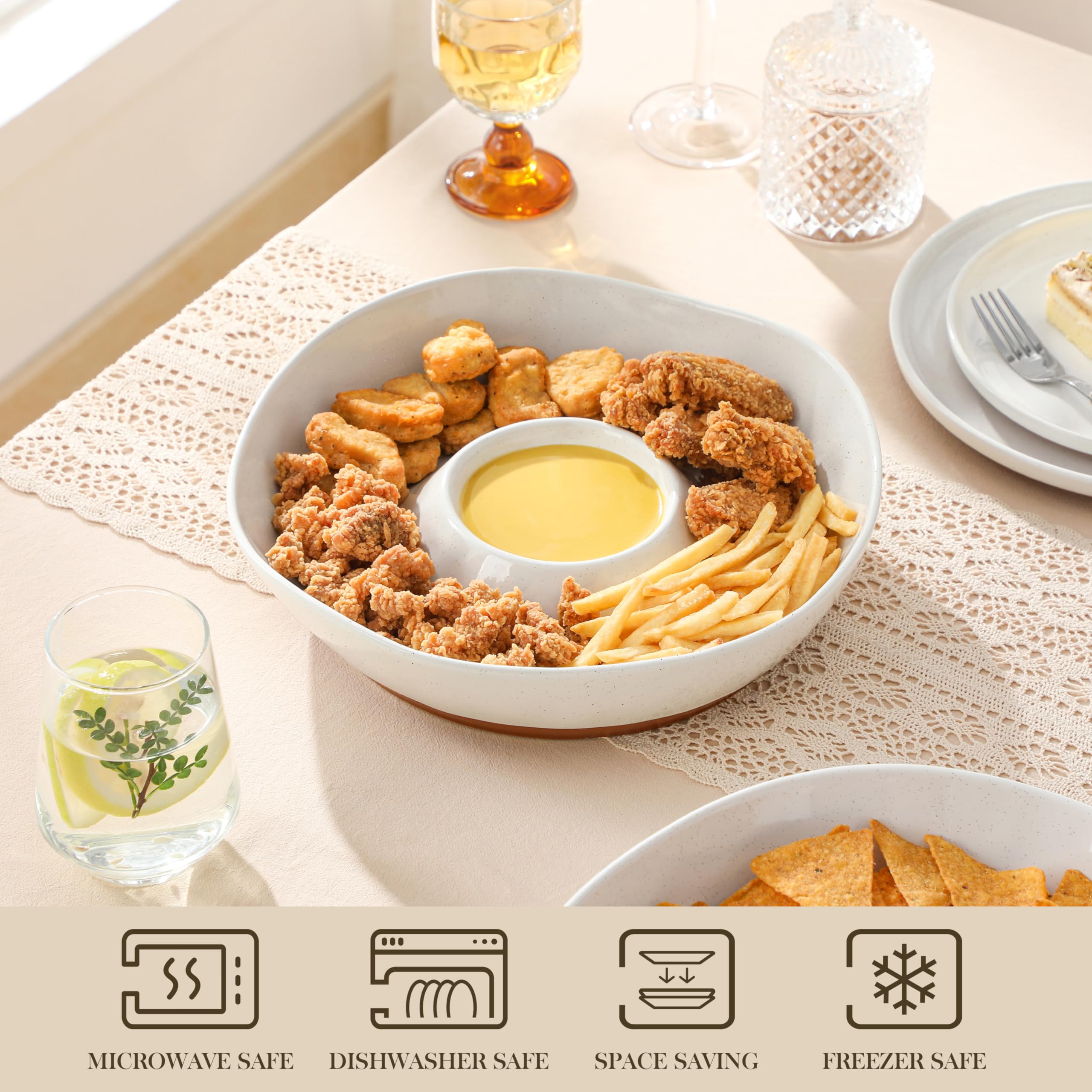 MALACASA Servierplatte für Chips und Dips, 30.5 cm Großer Teller mit Dipschalen für Chips & Salsa, Nacho & Dips, Obst, Vorspeisenplatte für Partys und Gäste, Weiß