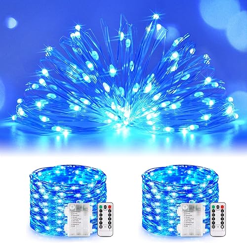 JMEXSUSS Paquete de 2 luces de hadas azules que funcionan con pilas, 100 luces LED azules de 33 pies impermeables con temporizador remoto, luces