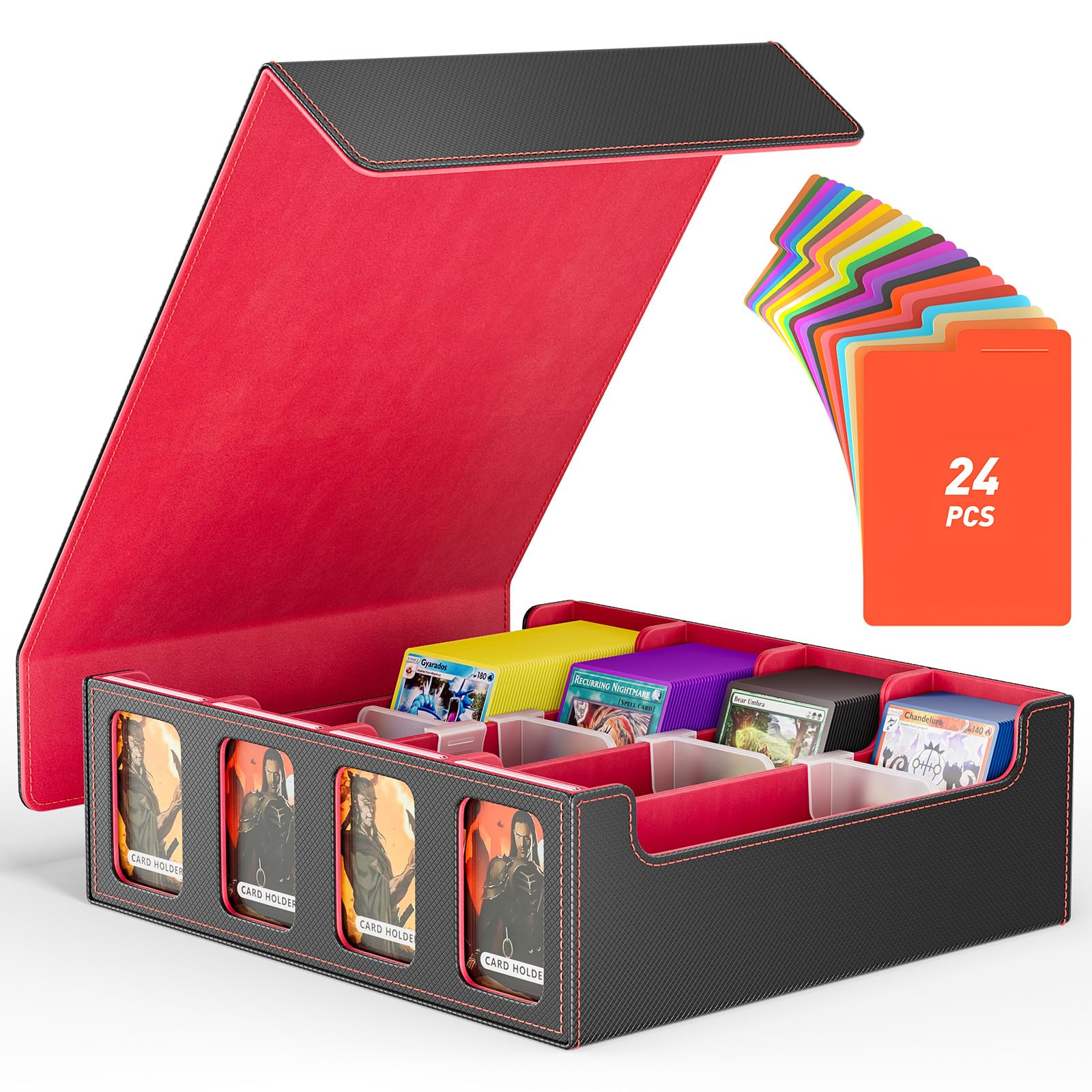 Flooyes Card Storage Box for Trading Cards with 4 Card Supporters, 3200+ MTG Deck Box with 24 Colorful Dividers, Commander Trading Card Storage Box with Viewing Windows for Magic Game Cards, Red