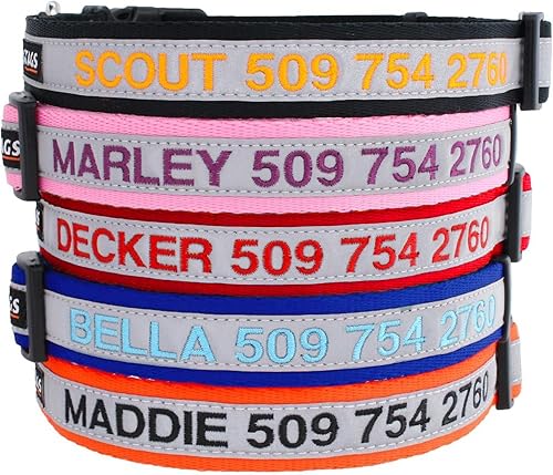 GoTags Collar reflectante personalizado, nombre y número de mascota bordados personalizados, nailon colorido de alta calidad para perros hembras y