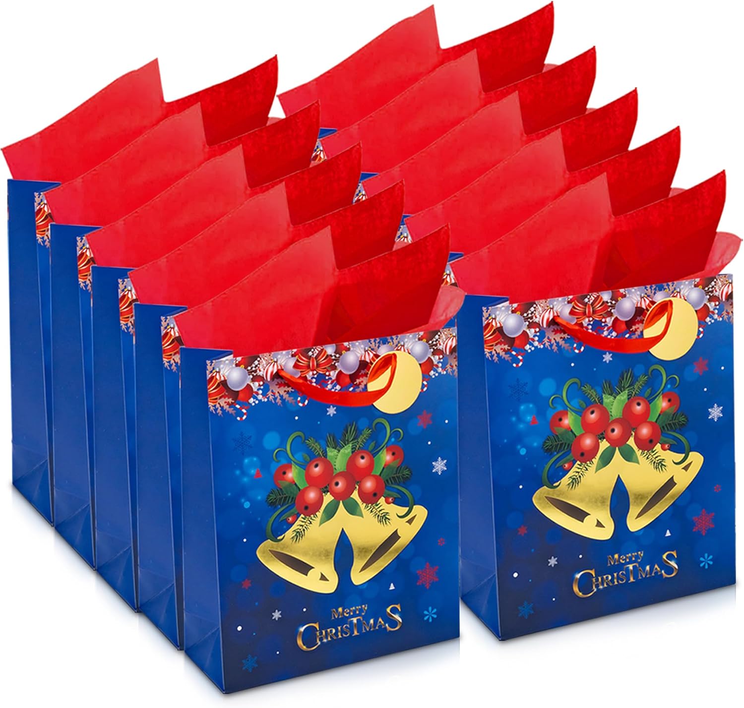 RACHELLE'S Christmas Sturdy Paper Gift Bags with Tissue Paper, Tag and Handle Bells Design - Ideal Party Favors and Gifting this Christmas Holiday Season - Pack of 10 (Medium, 13x10x4)