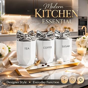 BML Ceramic Tea Coffee Sugar Canisters Set Airtight Kitchen Storage Jars Decorative Countertop Canister Set with Silver Bow Lids Ideal Housewarming Gift & New Home Kitchen Accessory