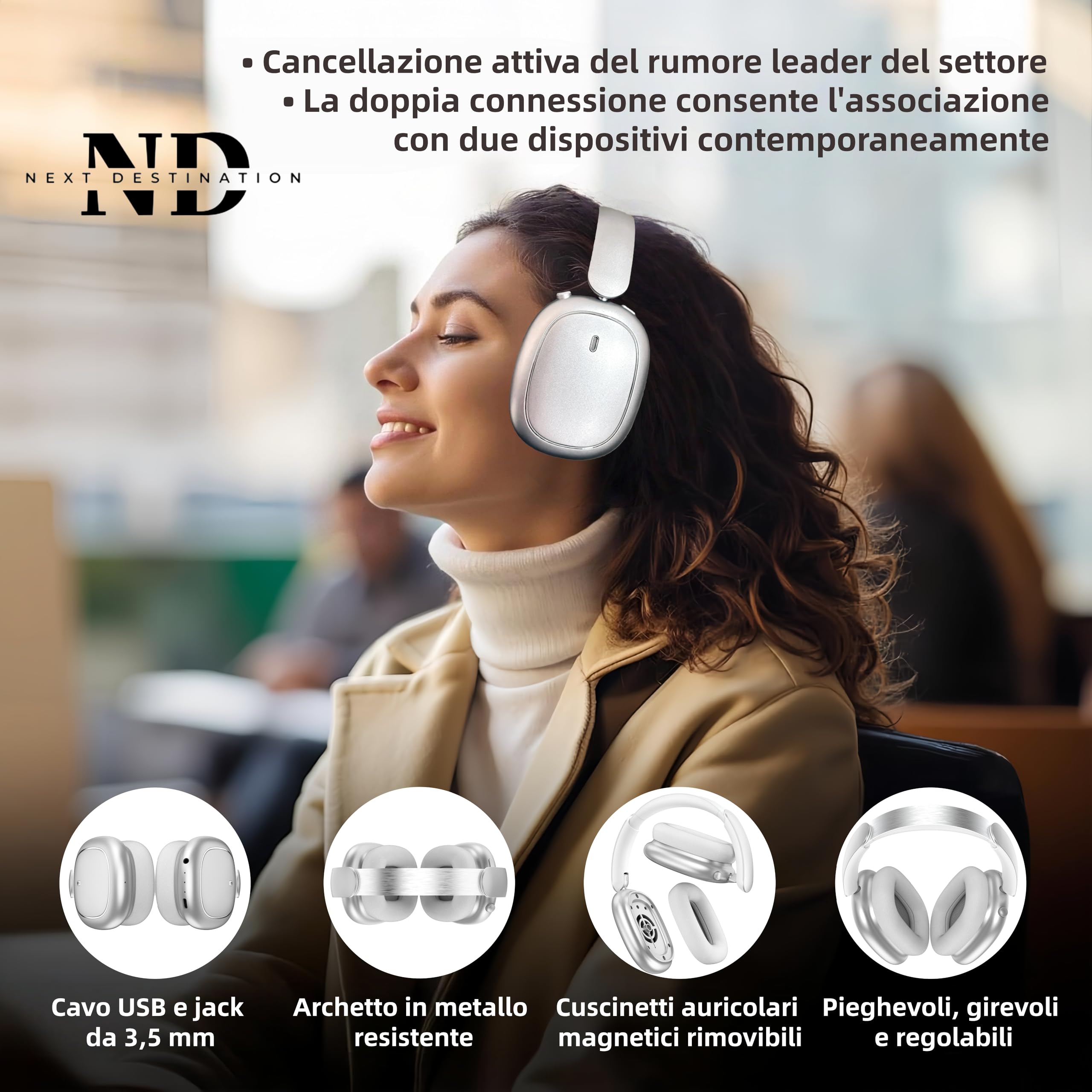 NEXT DESTINATION ND905-ANC Cuffie Wireless Senza fili Bluetooth 5.4 con Cancellazione Attiva del Rumore 40H Bassi Potenti Auricolari Caschi con Microfoni Cuscinetti Magnetici Conne Doppia