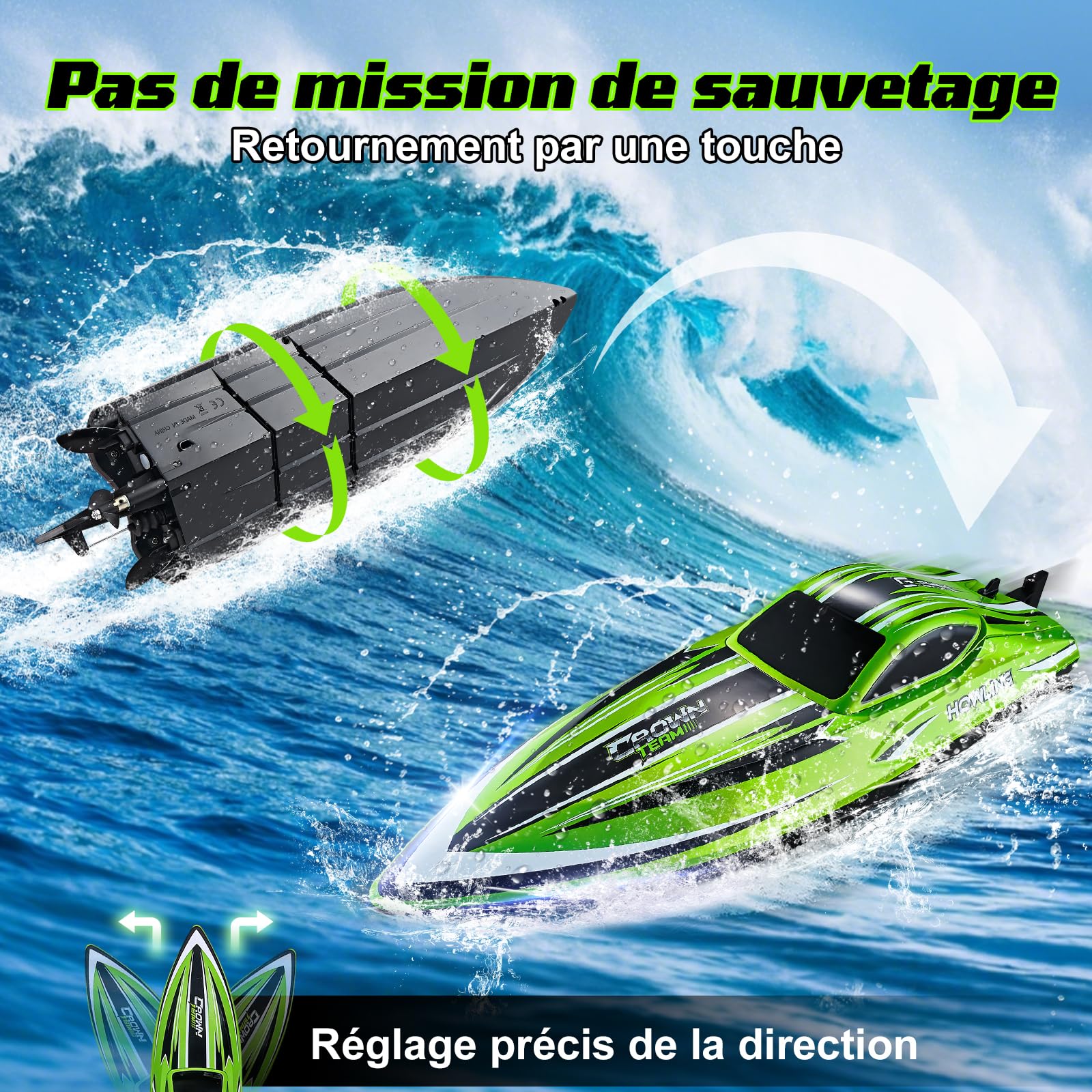 Bateau télécommandé, 55 km/h, bateau télécommandé avec batterie 3S, sans balais, LED, auto-redressement, 2,4 GHz, bateau de vitesse télécommandé, bateau à moteur télécommandé, pour enfants et adultes