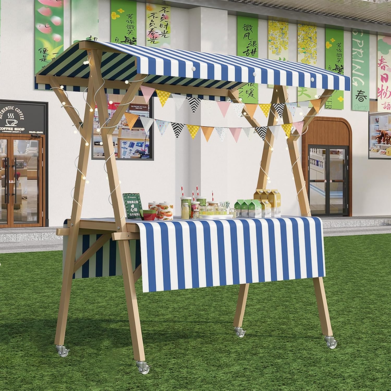 Market Stand Wooden Ice Cream Truck Commercial Food Truck with Wheels Foldable Food Cart with Sun Canopy Mobile Sales Trolley for Commercial Parties and Retail
