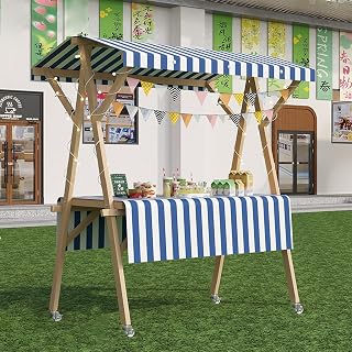 Foldable Outdoor Vendor Food Cart with Canopy, Portable Wooden Market Display Stand with Wheels, Wide Countertop Farmers Market Booth for Outdoor Events, Markets & Street Food