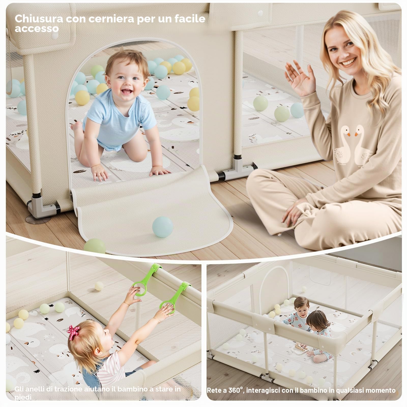 Box Bambini 120x120cm Beige Recinto Neonato con Rete Traspirante e Ventose