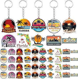 50 Pcs Florida Souvenirs Acrylic Keychain Gifts Bulk United State Florida Keychain Palm Tree Sea Sun Map Travel Gifts Souvenirs for Women Men Friends