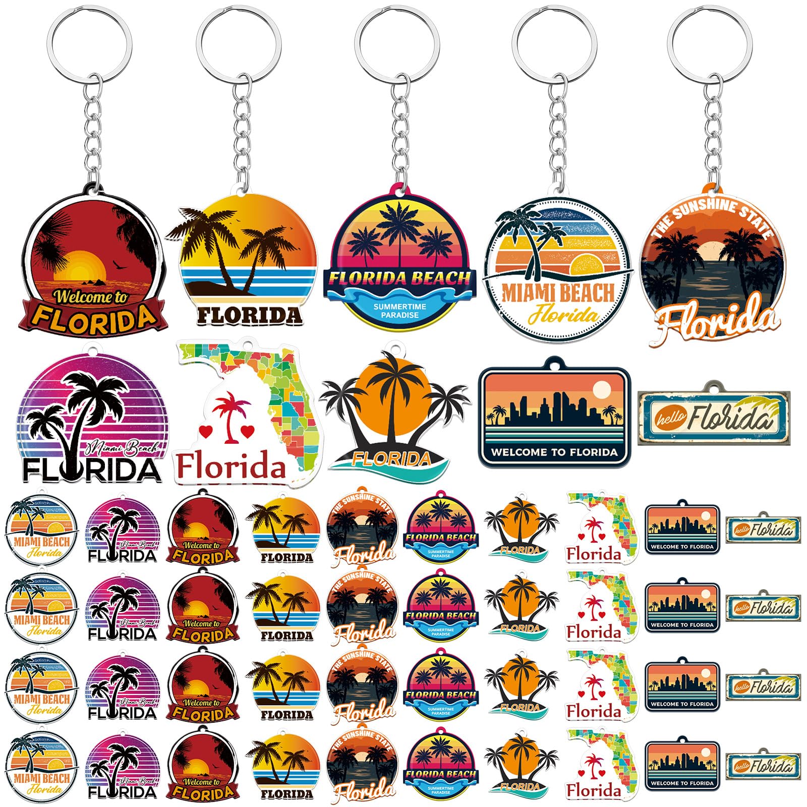 Trnayi 50 Pcs Florida Souvenirs Acrylic Keychain Gifts Bulk United State Florida Keychain Palm Tree Sea Sun Map Travel Gifts Souvenirs for Women Men Friends