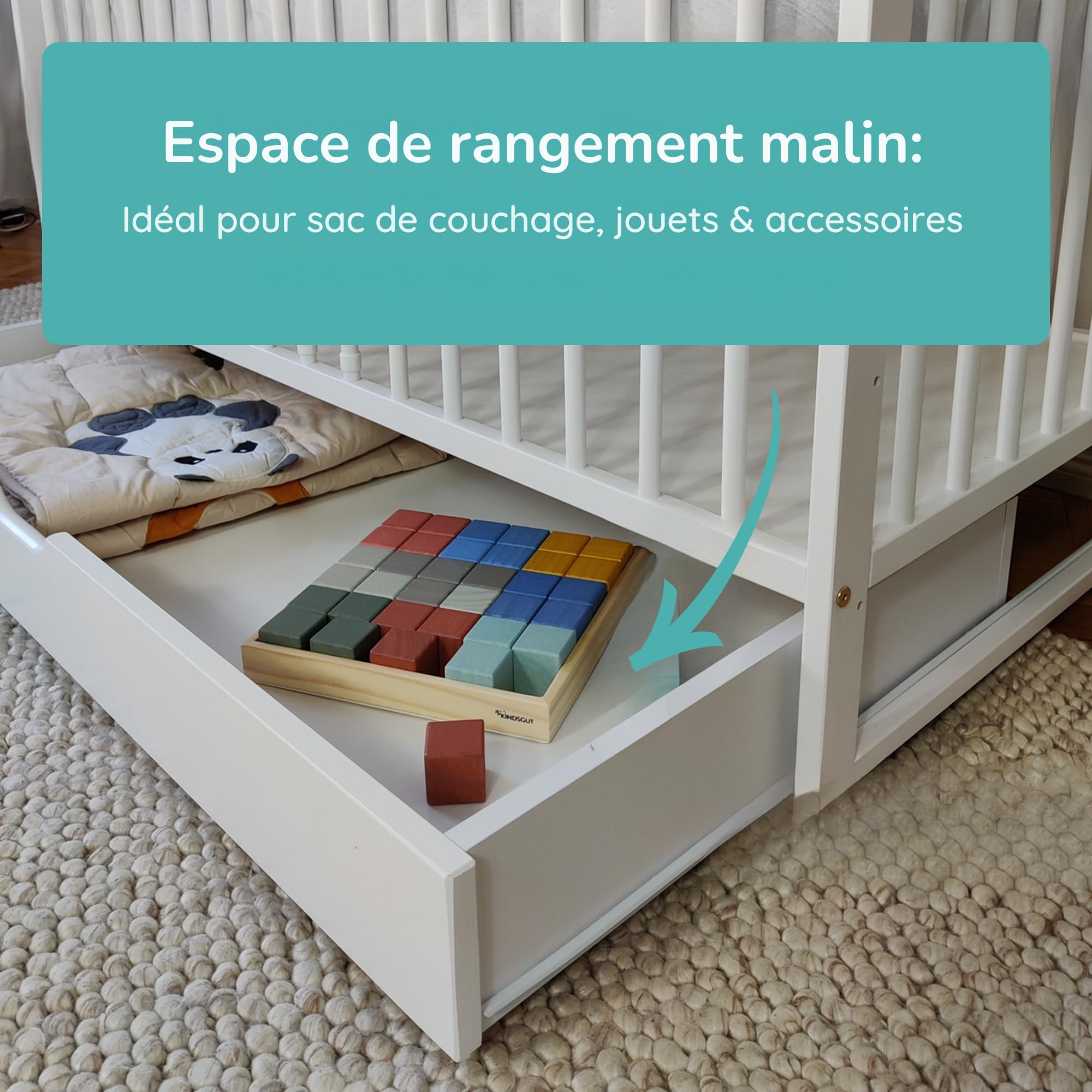 Lit Bébé 60x120 cm Lit à barreaux Évolutif Set Complet avec Matelas et Sommier 3 Hauteurs Tiroir, Barreaux Amovibles | Pin Massif Blanc