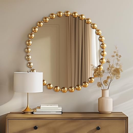 Madison Park Round Mirror, Metal Frame Circle Mirror 27 inch, Wall Art Decor Mounted Hanging for Entryway, Bathroom, hallway, Living Room, Vanity, Marlowe, Gold