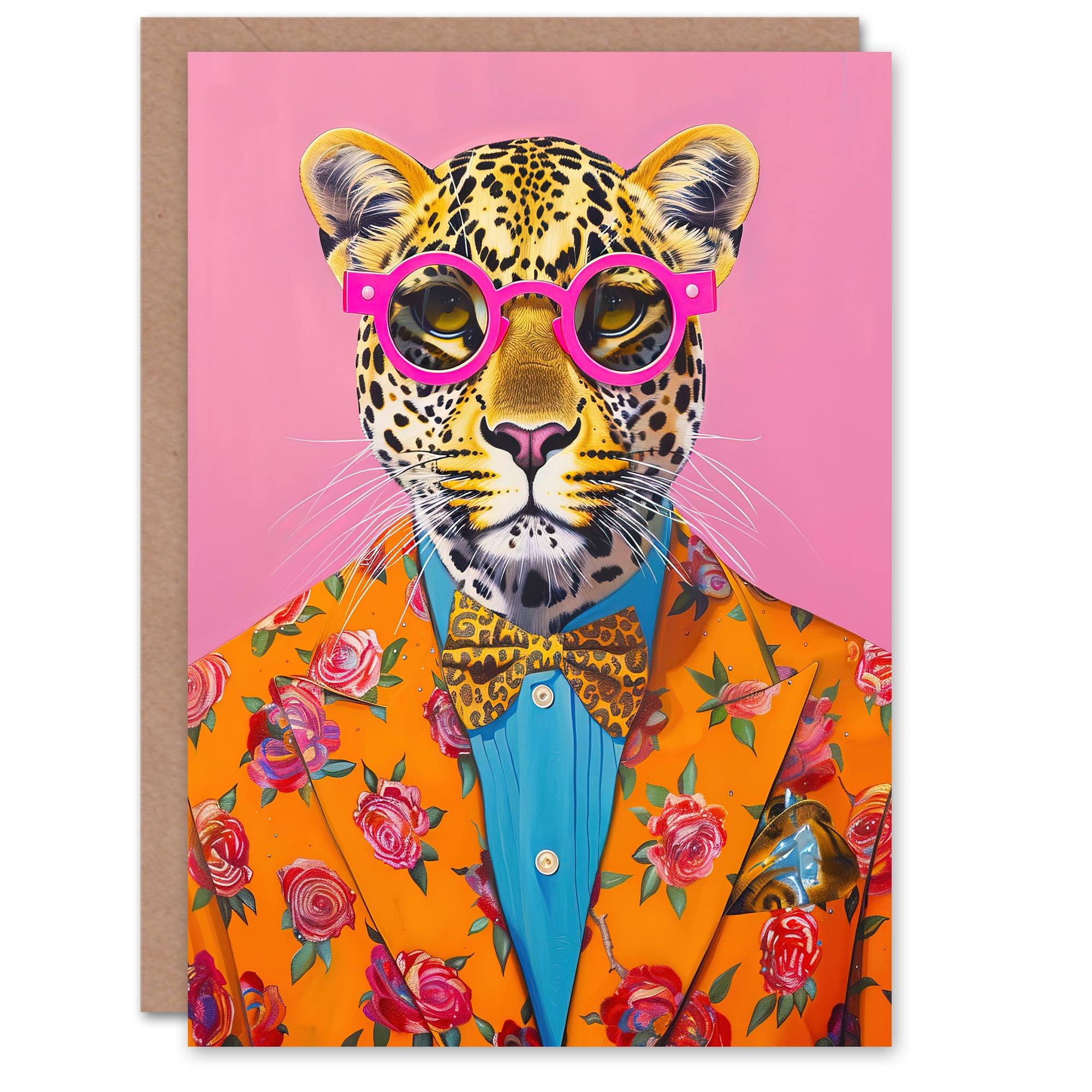 Artery8 Greeting Card Dandy Leopard Floral Suit Glasses Bow Tie Vibrant Blank For Him Or Her Art Birthday Card