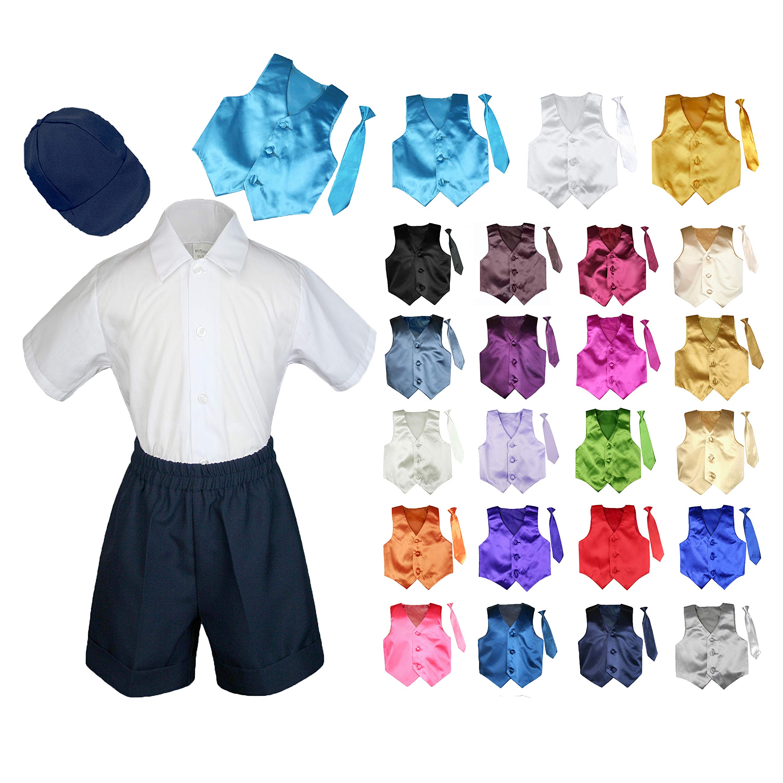 5 Pieces Formal Wedding Color Satin Vest & Necktie Shirt W/Hat Navy Shorts Set Baby Boy Toddler Sm-4T (M (6-12 Months Old), Ivory)