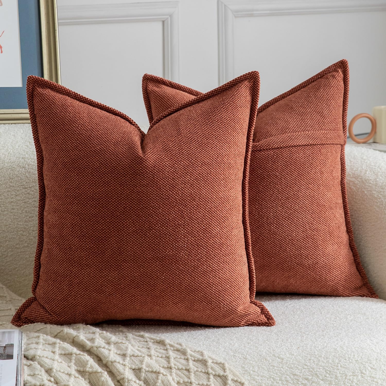 Madizz Decorative Chenille Burnt Orange Cushion Covers 50x50 cm Pack of 2 Throw Pillows for Couch Sofa Boho Accent Pillow Cases for Bed Cushion for Bedroom Living Room Modern Home Decor