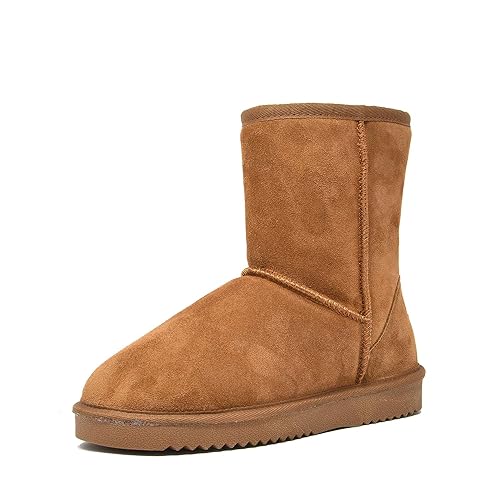 DREAM PAIRS Women's Winter Snow Boots Genuine Suede Faux Fur Lining Water Resistant Slip On Comfort Mid Calf Boots - 9 - Chesnut
