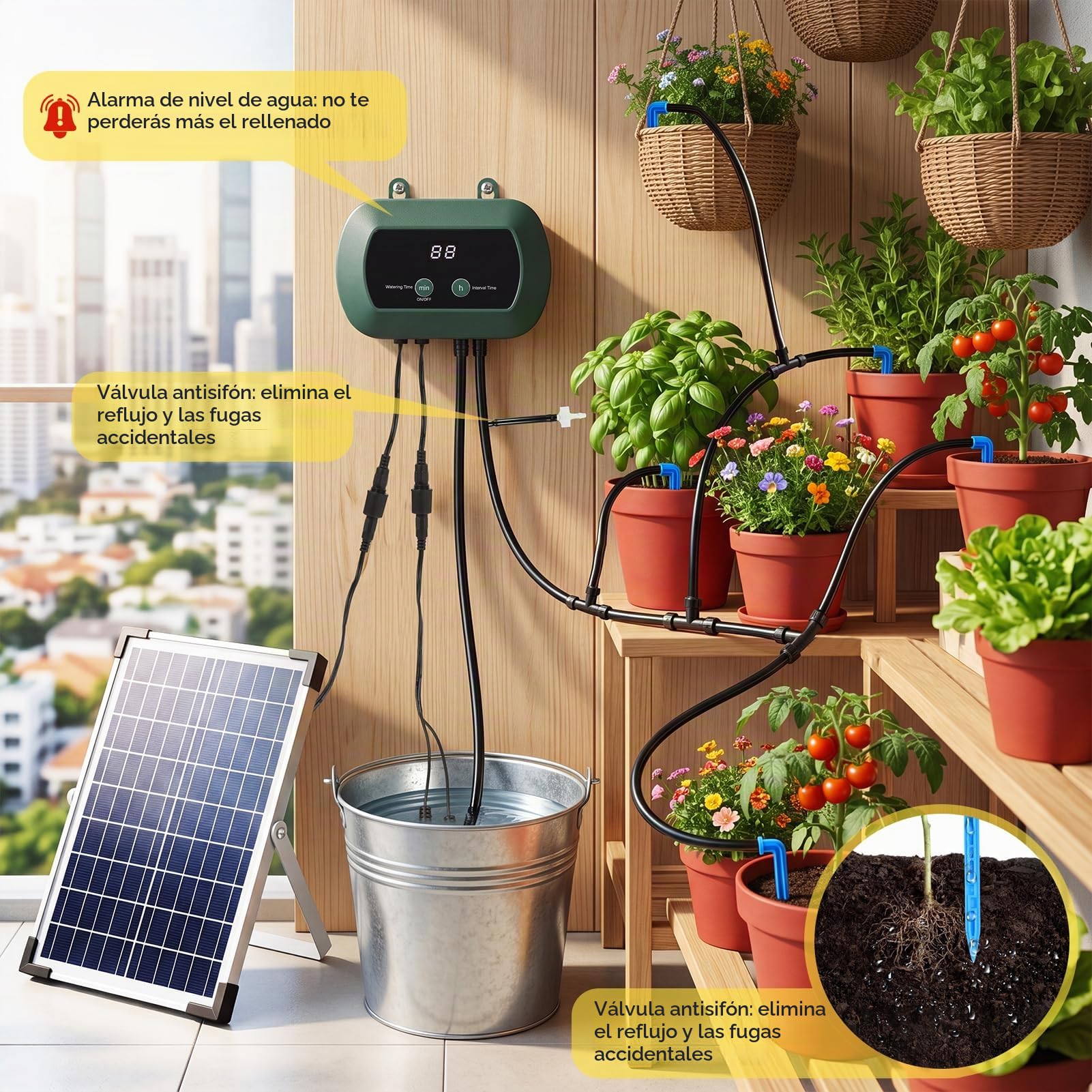 Anpress Riego Por Goteo Automático Energía Solar, Sistema de Riego Solar para Jardín con 10 Modos de Riego & 30 Cabezales de Goteo para Plantas en Macetas de Jardín al Aire Libre e Interior, Verduras