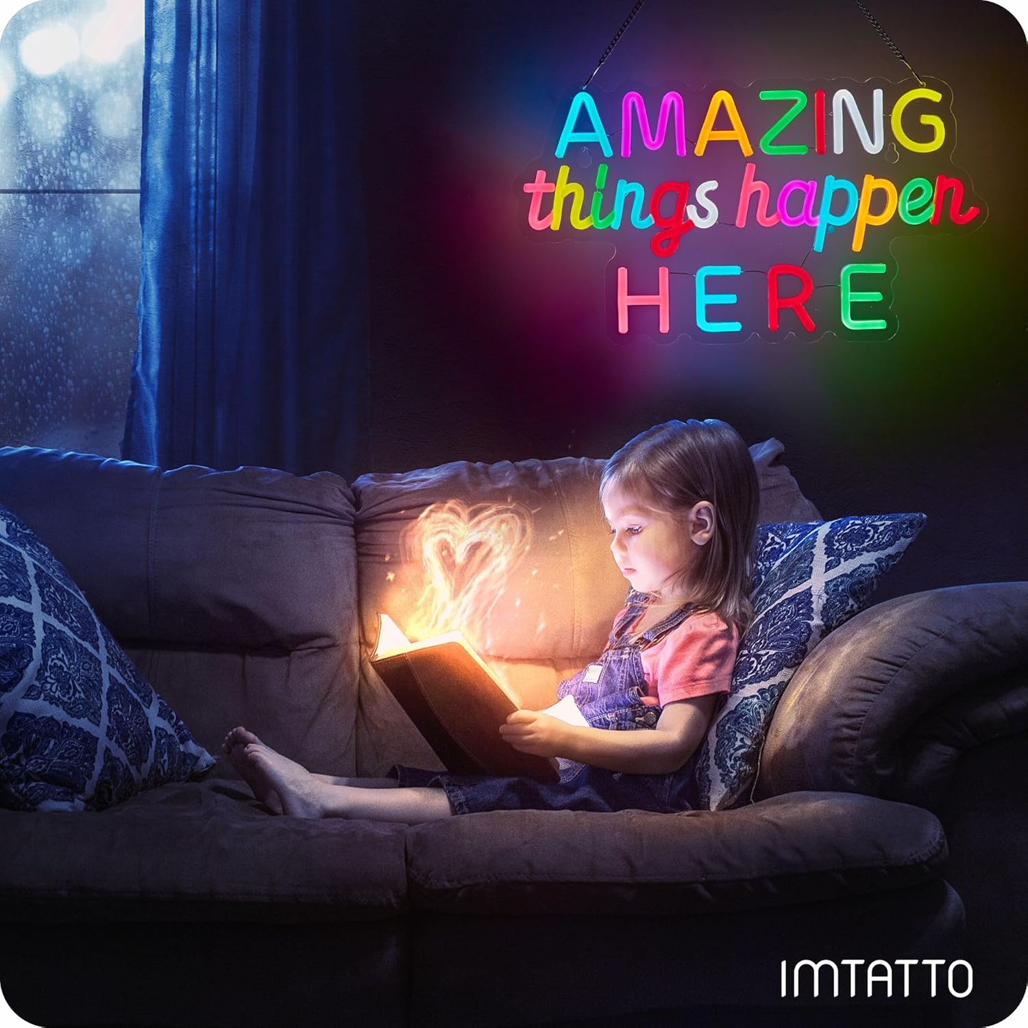 Amazing Things Happen Here Neon Sign, Positive Affirmation LED Light for Wall Decor Multicolored Light Up Signs for Classroom Kindergarten Wedding Party Store Home, Compatible with Timer