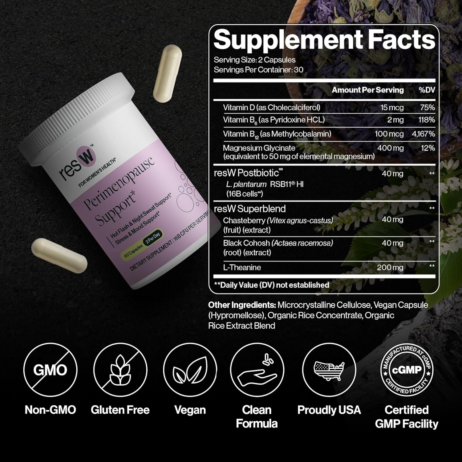 resW Perimenopause Postbiotic Supplement for Women - Hot Flash Support, Night Sweat Relief, Hormone Free, Vegan, Gluten Free, Non GMO, Plant Based Gut Health Support - 60 Capsules