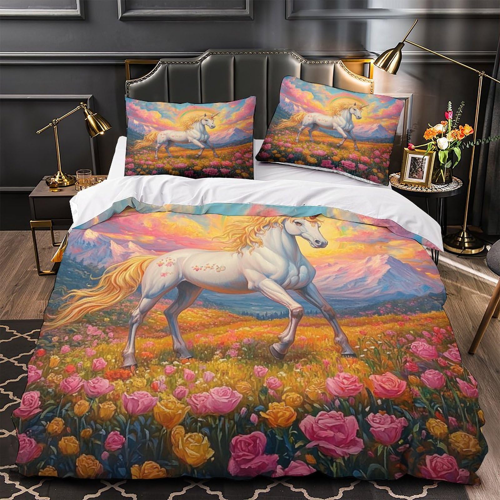 Fantasia di unicorno Impressione 3D 3 pz fodera per edredone Arte di creature mitiche coperteletto microfibra traspirante antiacari per ragazzi adolescenti uomini King（220x240cm）