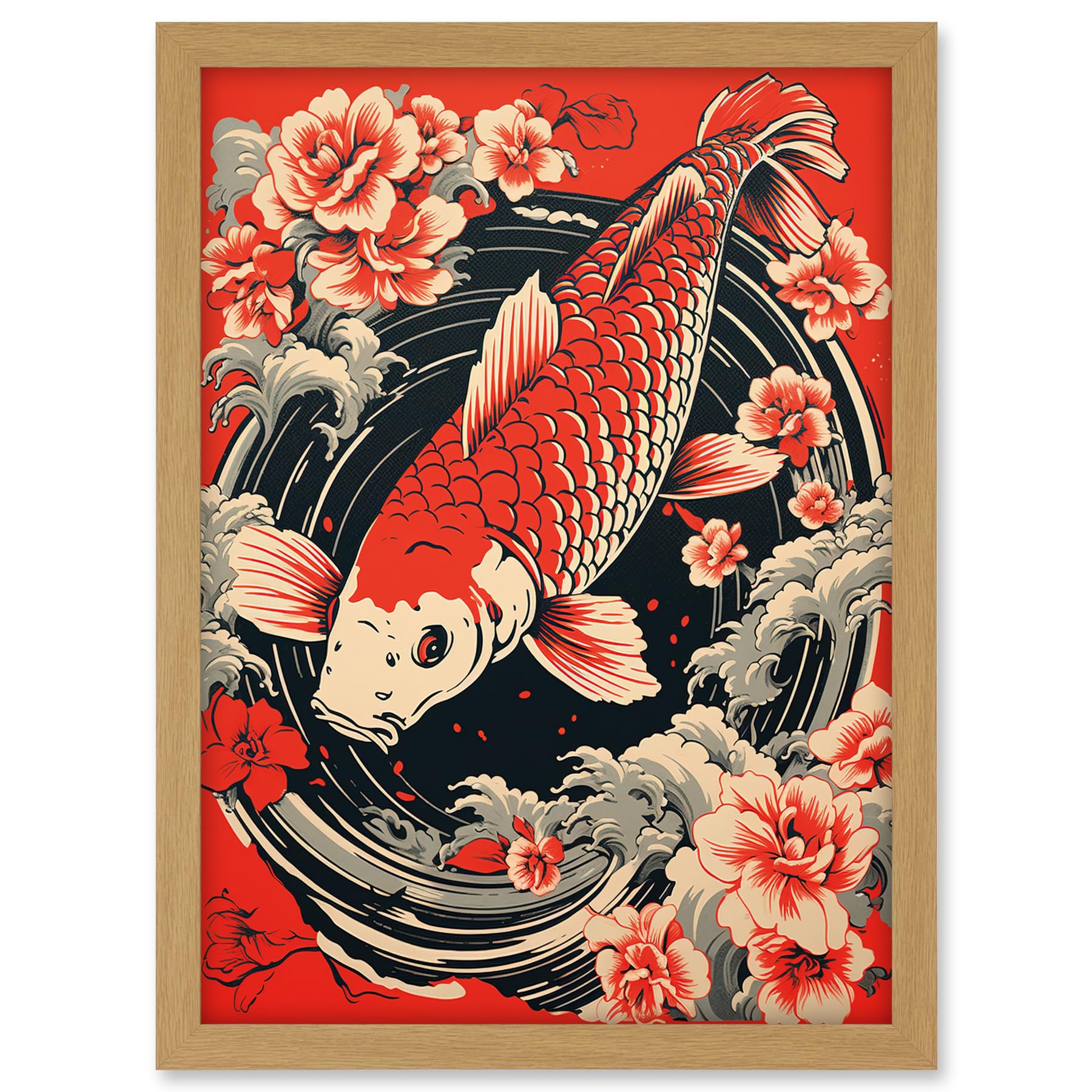 Artery8 Koi Fish Carp Japanese Whirlpool Red Black Floral Illustration Artwork Coy Artwork Framed A3 Wall Art Print