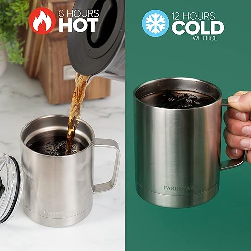 Miniatura 6 de Farberware Taza de acero inoxidable con tapa y asa, 12 horas de frío, 6 horas de calor, doble pared aislada, diseño sin sudor, apta para