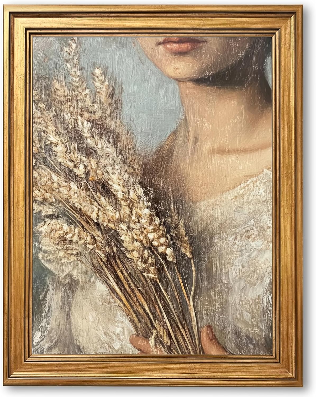 Licpach Large Framed Wall Art Woman Holding Wheat Stalks Poster Canvas Print Vintage Aesthetic Painting Female Portrait Pictures Wall Decor for Living Room Bedroom Apartment 24x36inch Golden Frame
