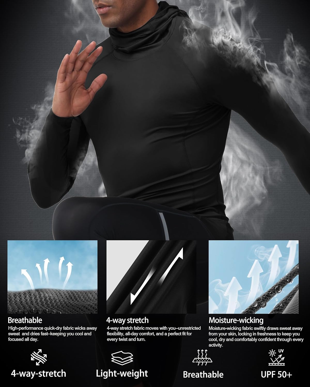 Men's Compression Shirt Hoodie with Mask, Long Sleeve Athletic Base Layer Top, Cool Dry Workout Sports Undershirt - Image 5