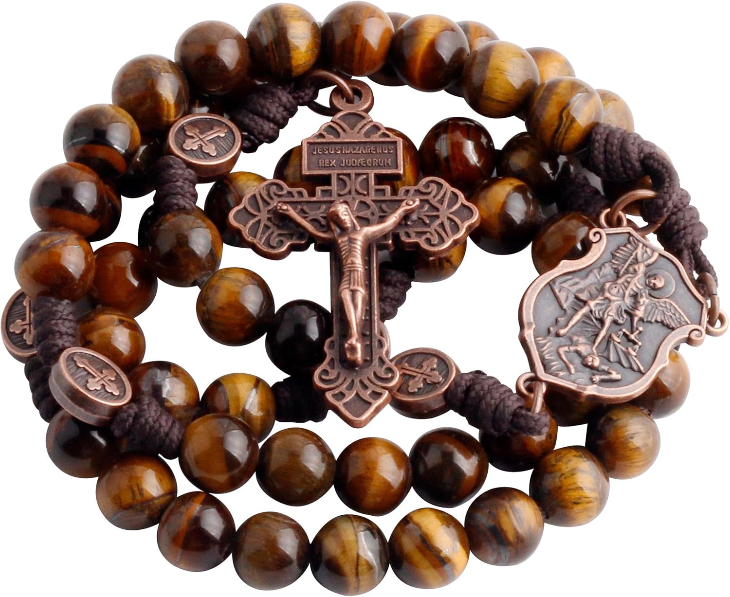 HanlinCC 10mm Natural Stone Beads Handmade Saint Michael Paracord Rosary Necklace with Religious Pouch