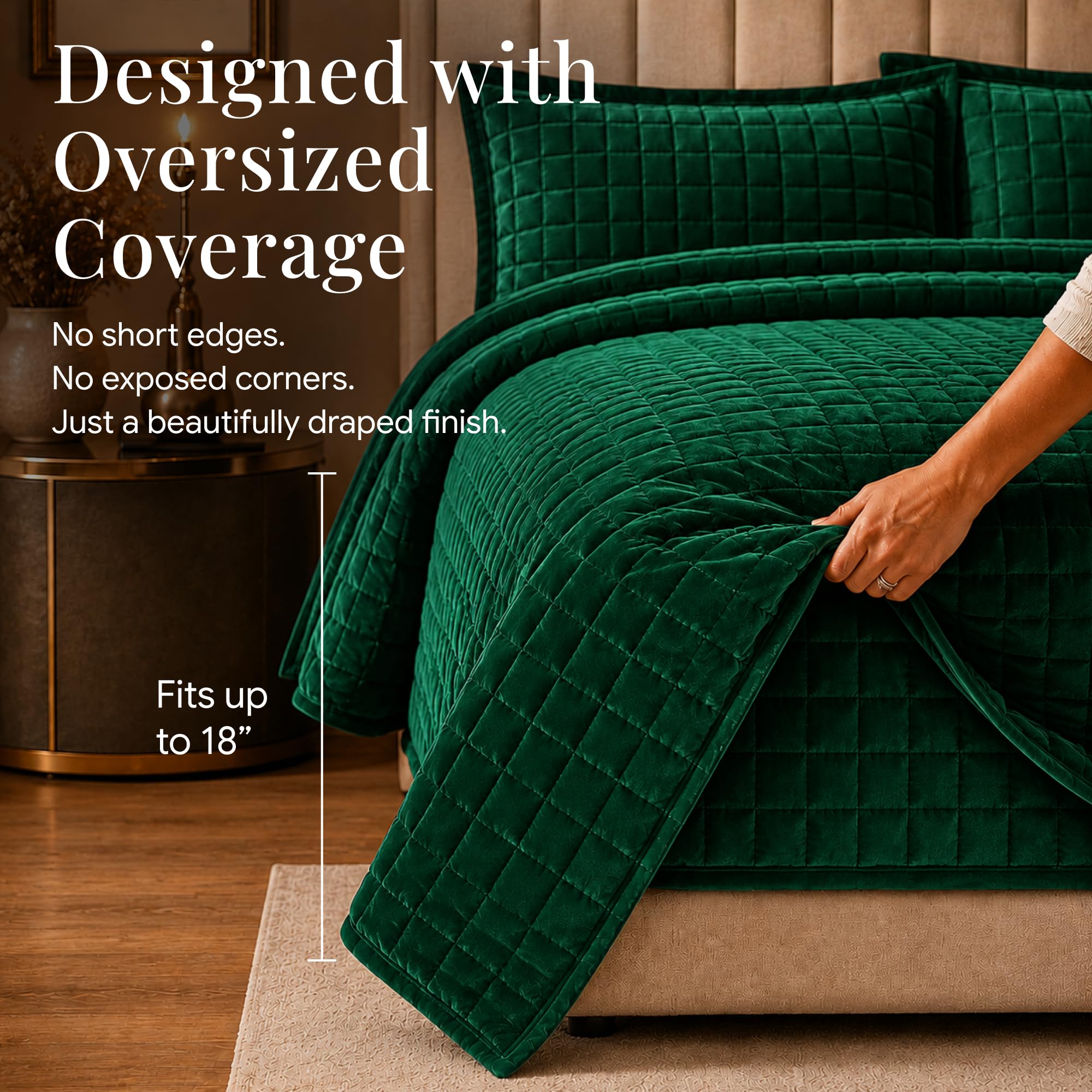 Tribeca Living FLORENCEQUIKISI Florence Velvet Oversized Solid Quilt Set, Verde Esmeralda, 2